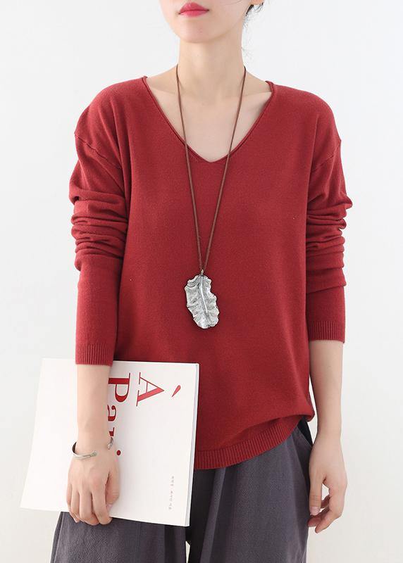 For Spring fall red knitted blouse fashion v neck knitted top