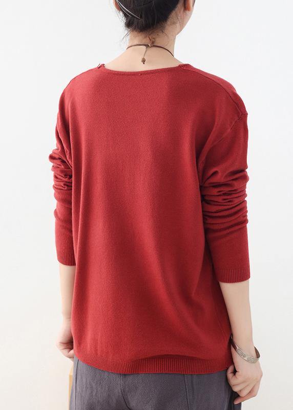 For Spring fall red knitted blouse fashion v neck knitted top