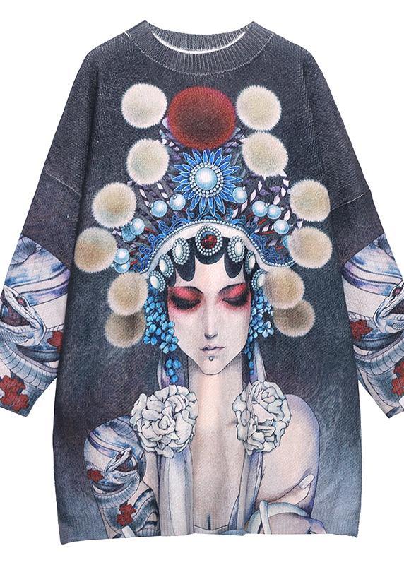 For Work Peking Opera Face Clothes O Neck Trendy Plus Size Knit Sweat Tops