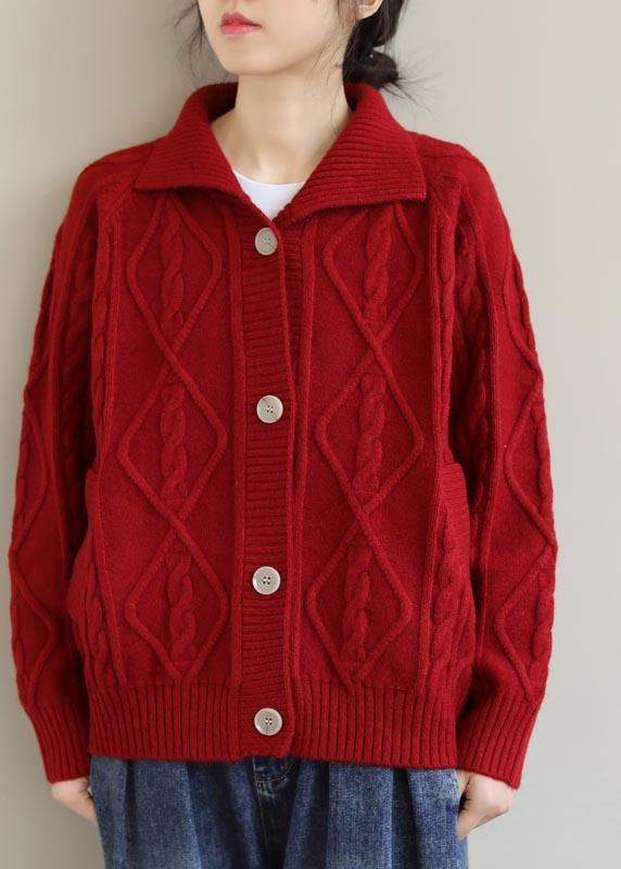 Red Knitted Top Stand Collar Pockets Oversized Spring Knitwear