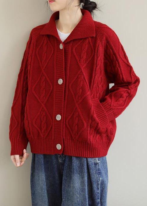 Red Knitted Top Stand Collar Pockets Oversized Spring Knitwear