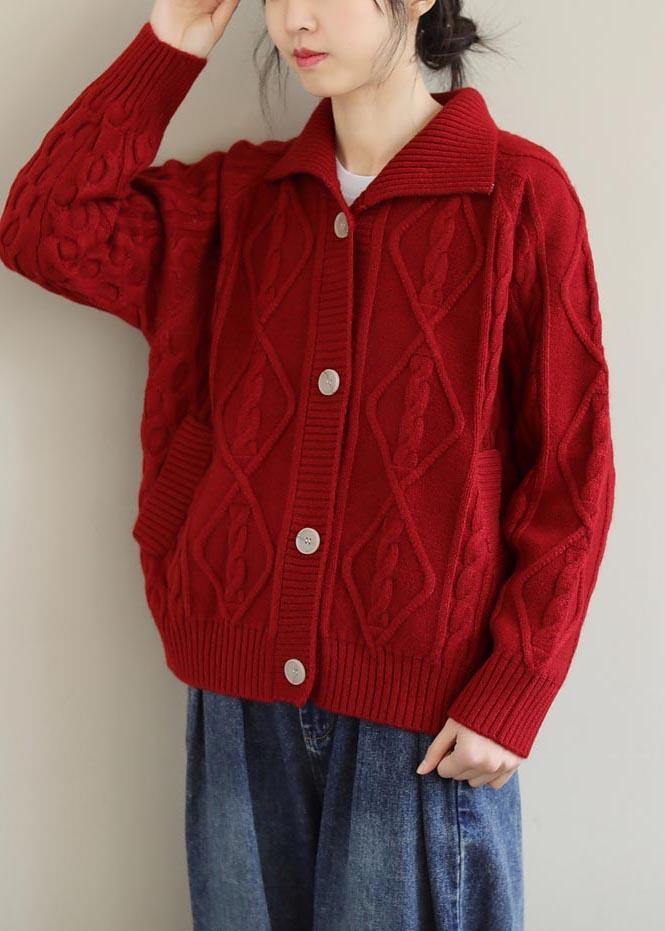 Red Knitted Top Stand Collar Pockets Oversized Spring Knitwear