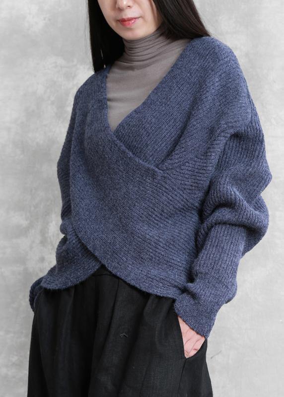 For Work blue knitted clothes plus size knit sweat tops v neck Batwing Sleeve