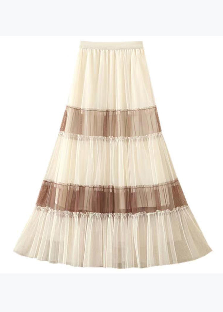 French Apricot Coffee Patchwork High Waist Tulle Pleated Skirts Spring