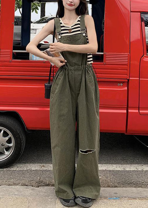 French Army Green Drawstring Pockets Cotton Jumpsuit Sleeveless