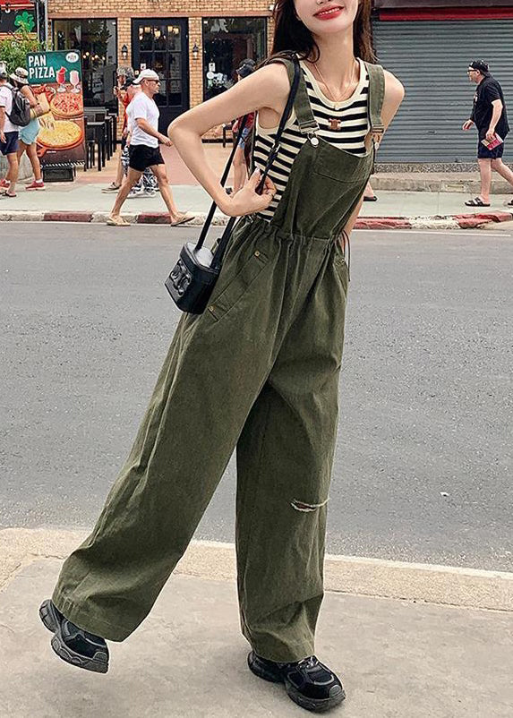 French Army Green Drawstring Pockets Cotton Jumpsuit Sleeveless