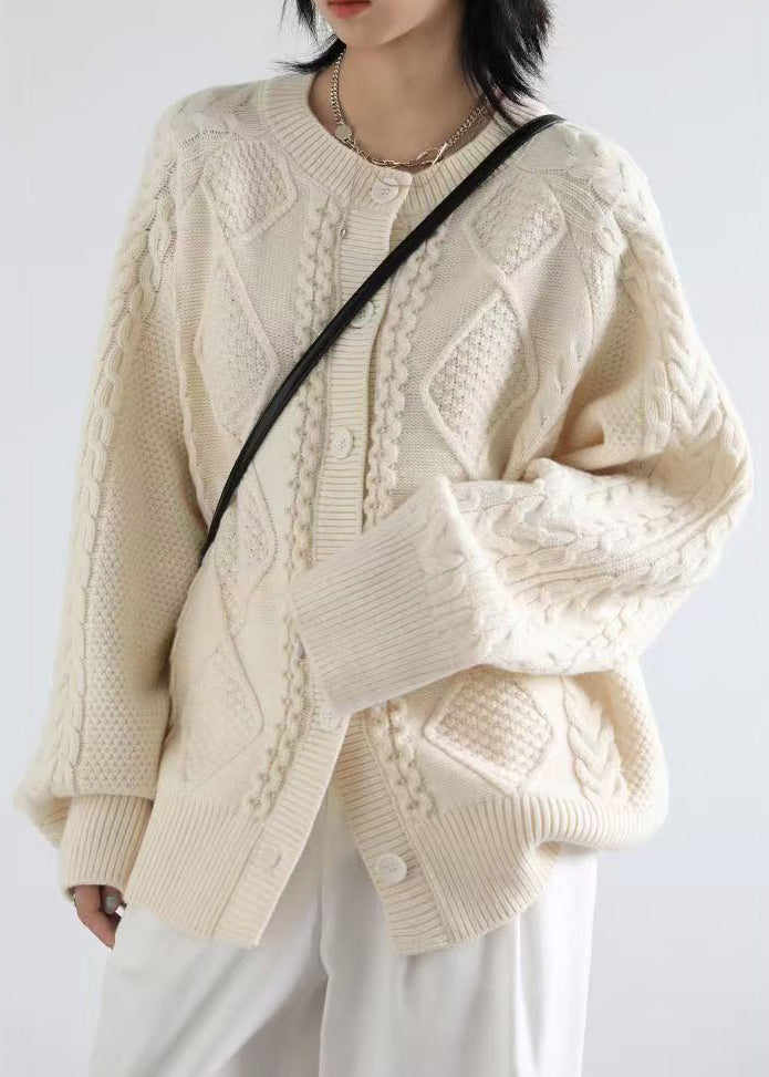 French Beige O Neck Button Cable Knit Coats Spring