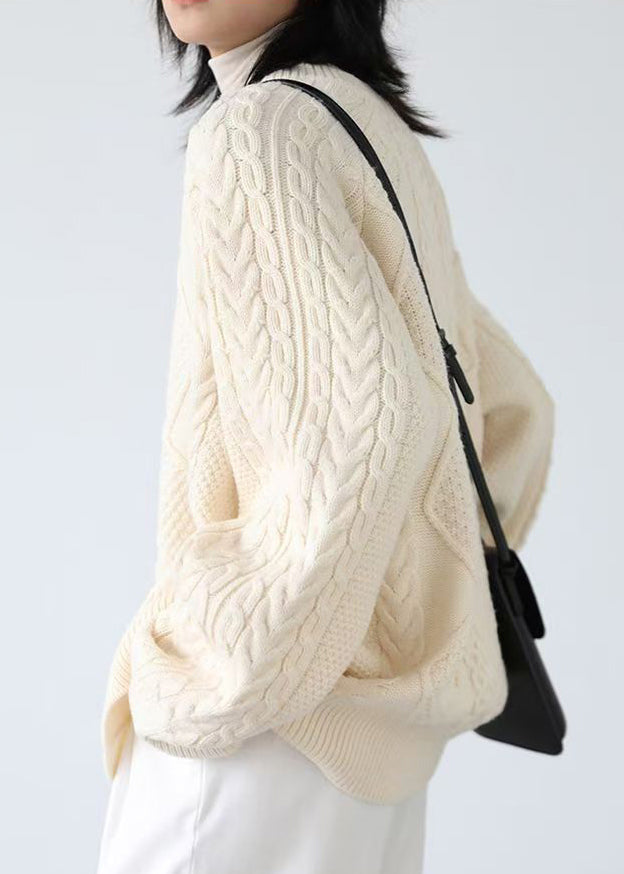 French Beige O Neck Button Cable Knit Coats Spring