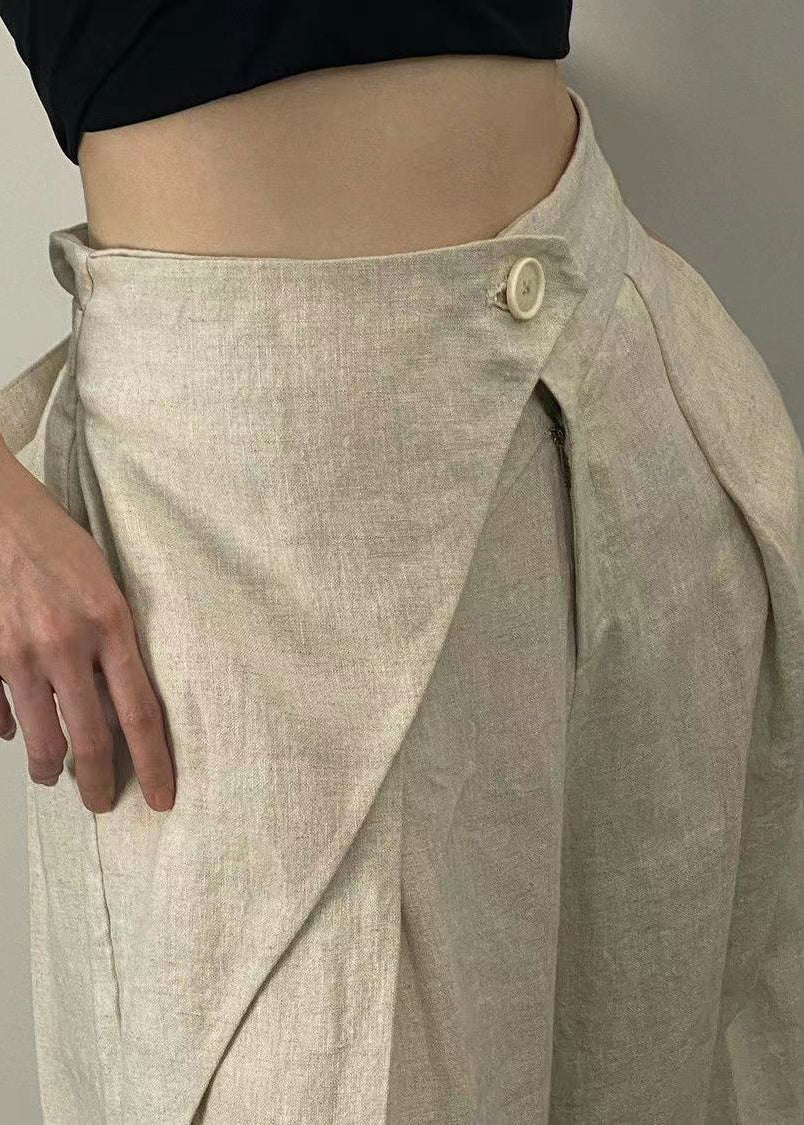 French Beige Pockets High WaistPatchwork Linen Wide Leg Pants Fall