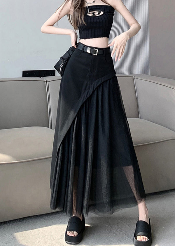 French Black Asymmetrical Design Patchwork Tulle Pleated Skirt Summer