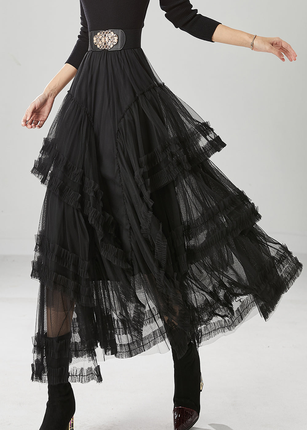 French Black Elastic Waist Ruffled Tulle A Line Skirt Fall