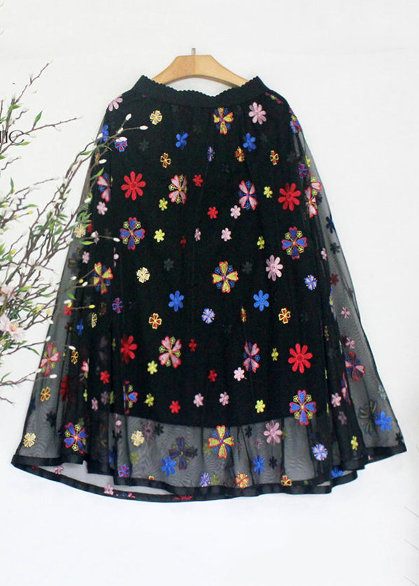 French Black Embroidered Elastic Waist Tulle Skirt Summer