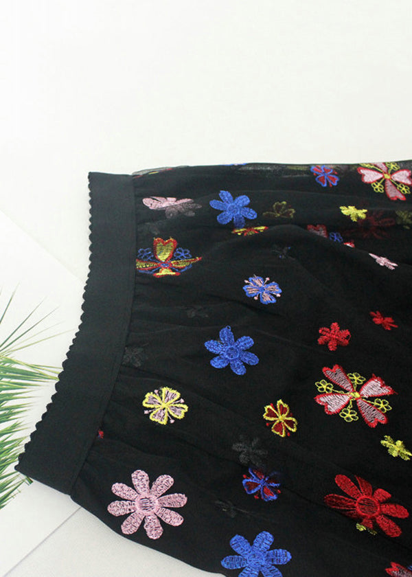 French Black Embroidered Elastic Waist Tulle Skirt Summer