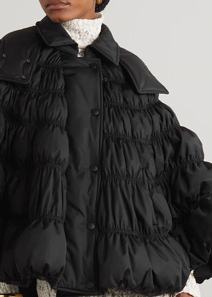 French Black Hooded Wrinkled Button Duck Down Coats Winter