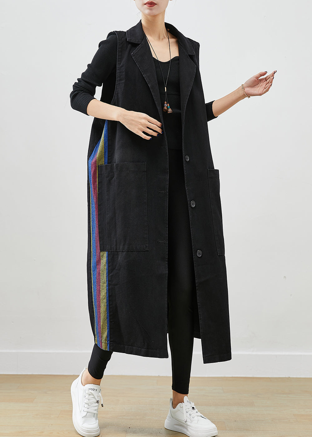 French Black Oversized Patchwork Multicolour Striped Denim Long Vests Fall