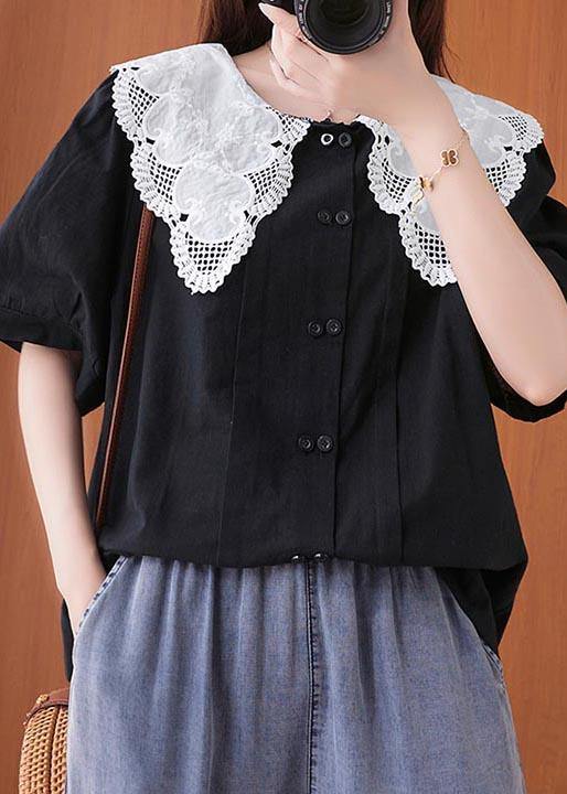 French Black Patchwork Lace Cotton Linen Shirt Top Summer