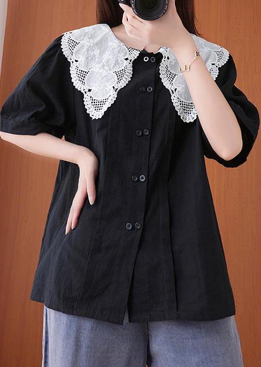 French Black Patchwork Lace Cotton Linen Shirt Top Summer