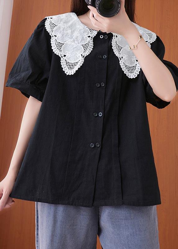 French Black Patchwork Lace Cotton Linen Shirt Top Summer