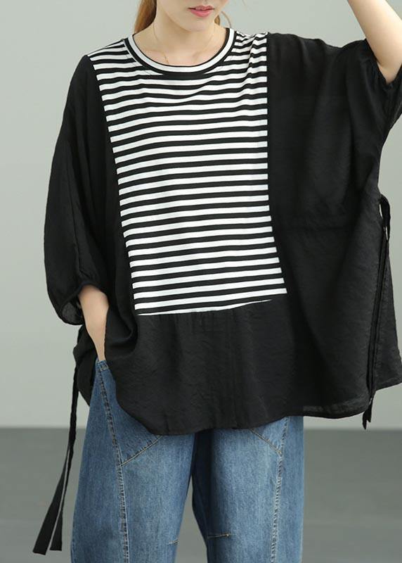 French Black Patchwork Striped Cotton Tee Summer