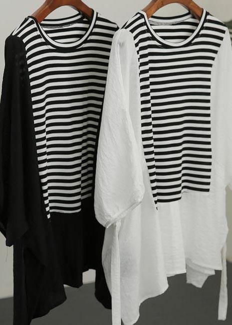 French Black Patchwork Striped Cotton Tee Summer