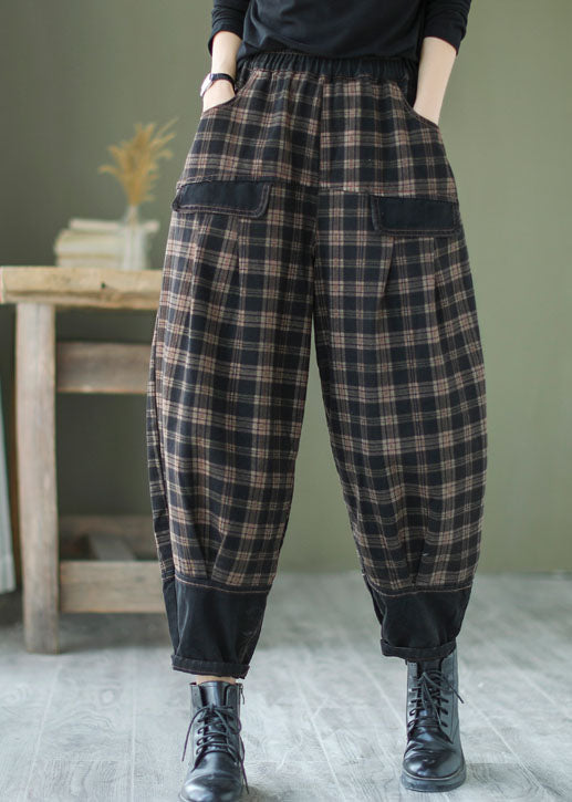 French Black Plaid Patchwork denim Pants Spring