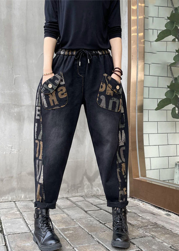 French Black Pockets Print Warm Fleece Tie Waist Elastic Waist Cotton Denim Harem Pants Fall