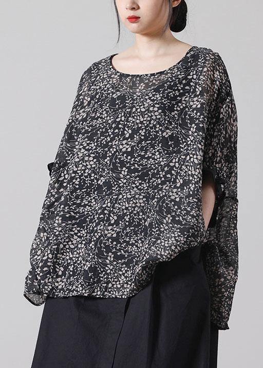 French Black Print Batwing Sleeve Cotton Shirt Top Short Sleeve Summer