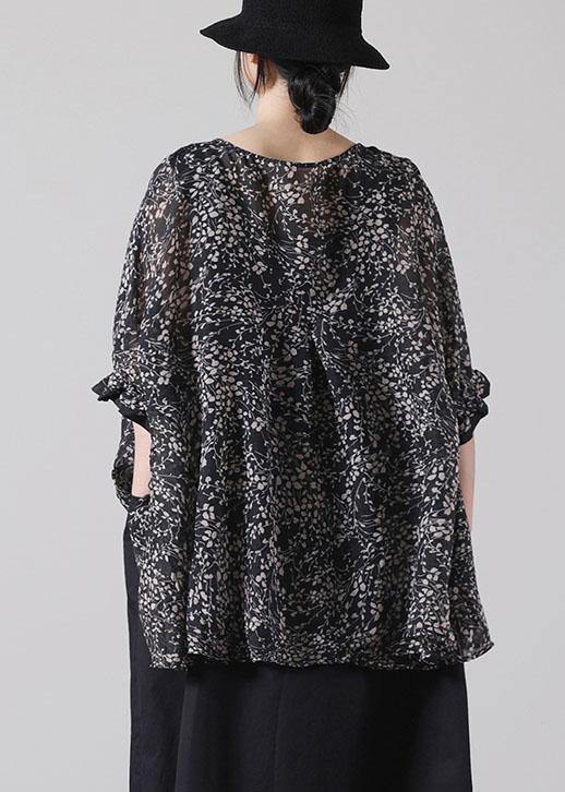 French Black Print Batwing Sleeve Cotton Shirt Top Short Sleeve Summer