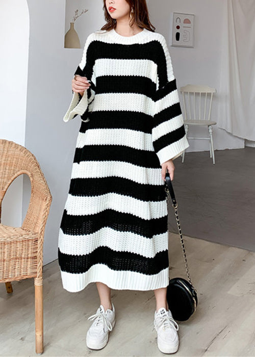 French Black Striped Cozy Knit Long Sweater Batwing Sleeve