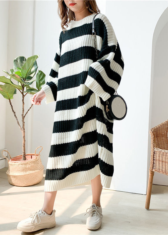 French Black Striped Cozy Knit Long Sweater Batwing Sleeve