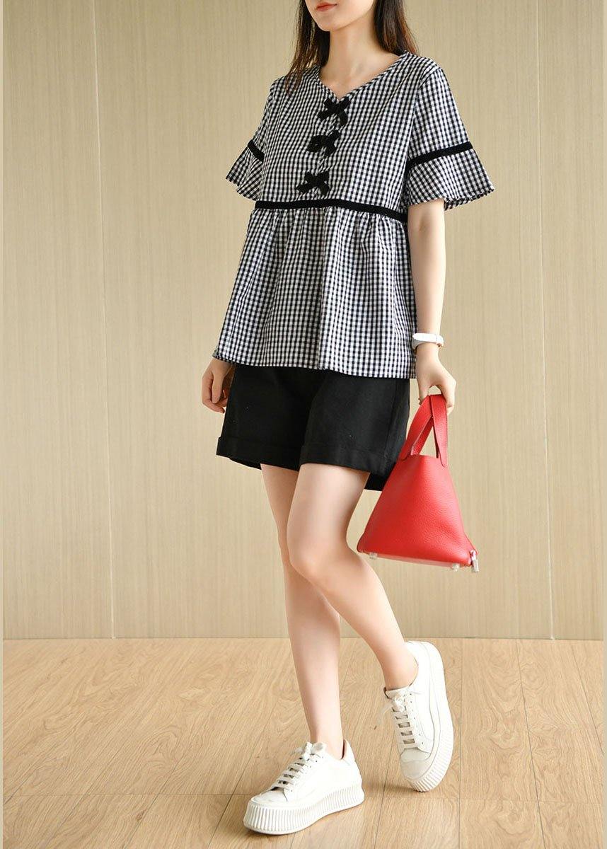 French Black White Plaid V Neck Casual Summer Cotton Top Short Sleeve