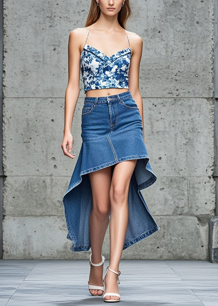 French Blue Asymmetrical Denim Skirts Summer