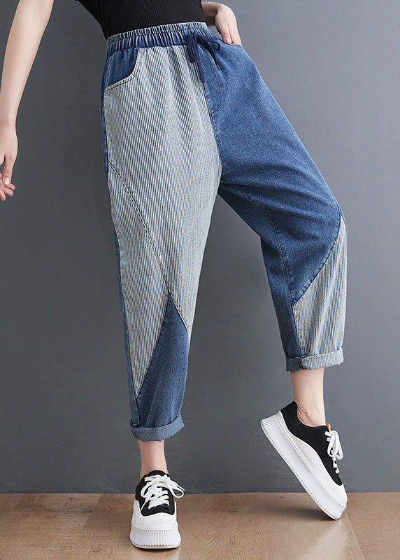 French Blue Asymmetrical Patchwork Drawstring Elastic Waist Denim Crop Pants Spring