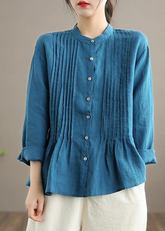 French Blue Blouse Stand Collar Cinched Art Spring Top