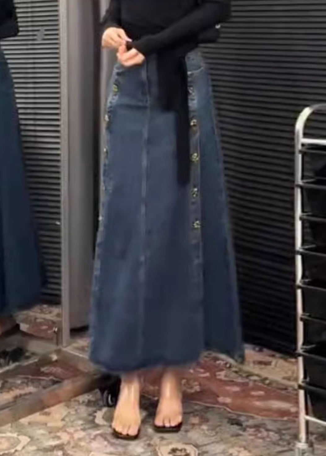 French Blue Button Side Open Denim Skirts Spring