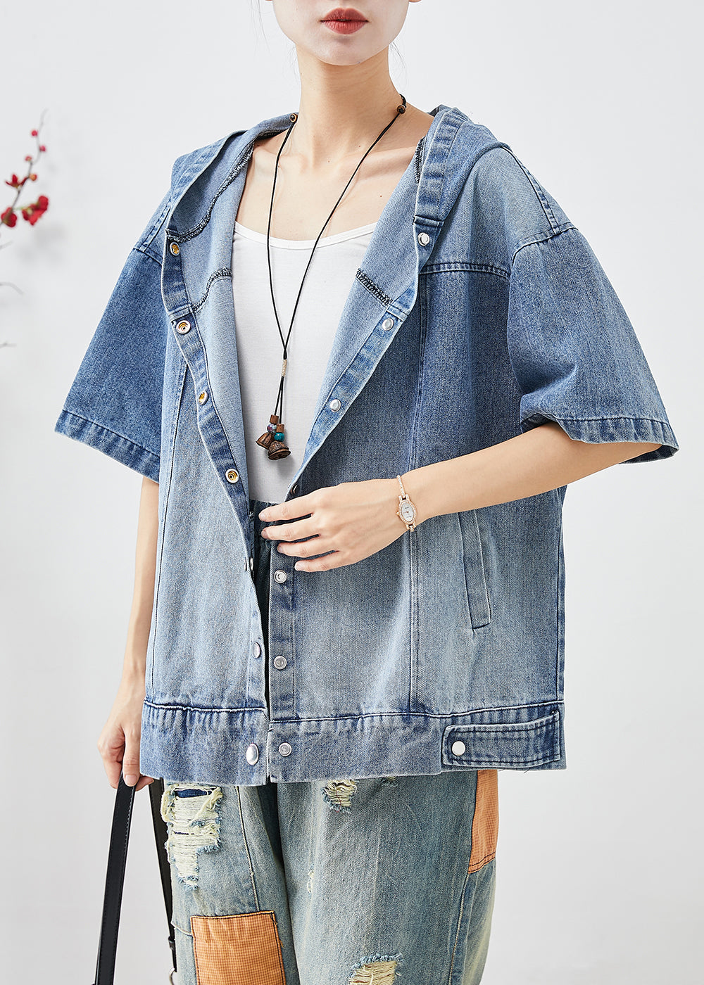 French Blue Hooded Oversized Denim Coat Short Sleeve