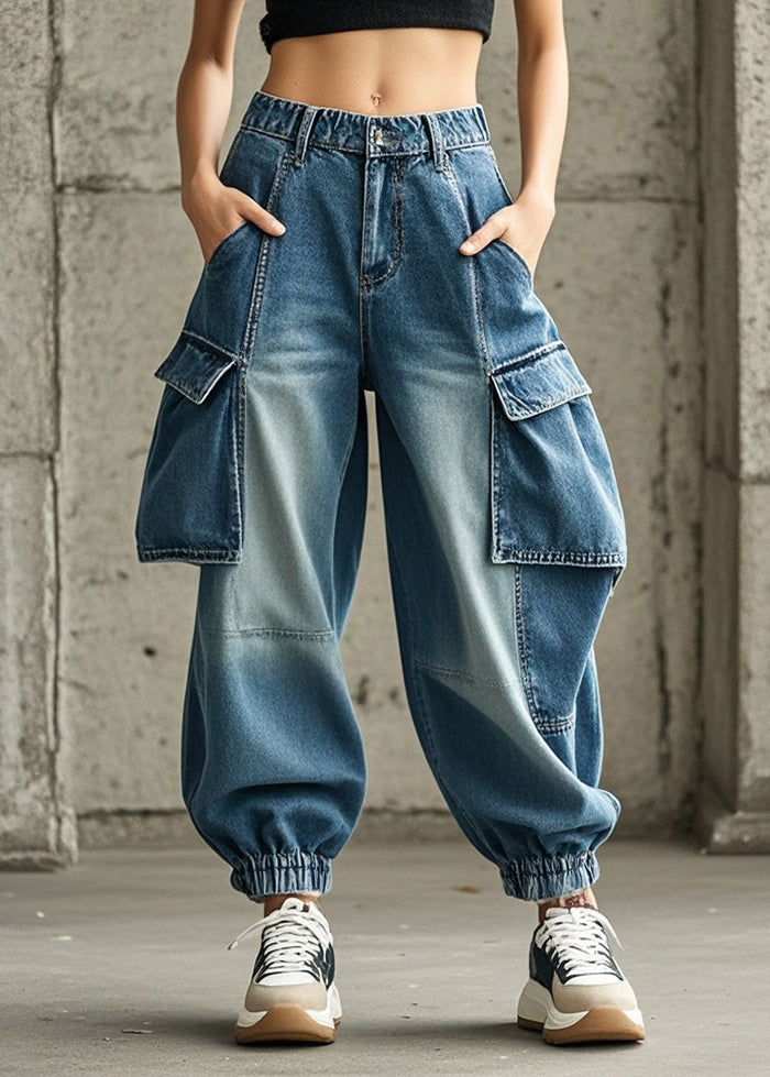 French Blue Oversized Pockets Denim Harem Pants Trousers Spring