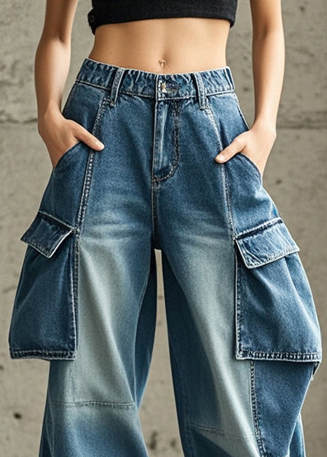 French Blue Oversized Pockets Denim Harem Pants Trousers Spring