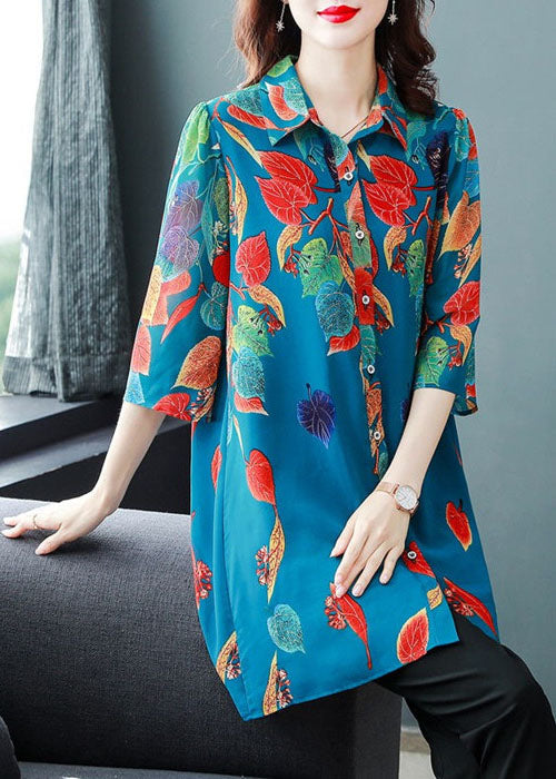 French Blue Peter Pan Collar Leaf Print Draping Chiffon Long Shirt Half Sleeve