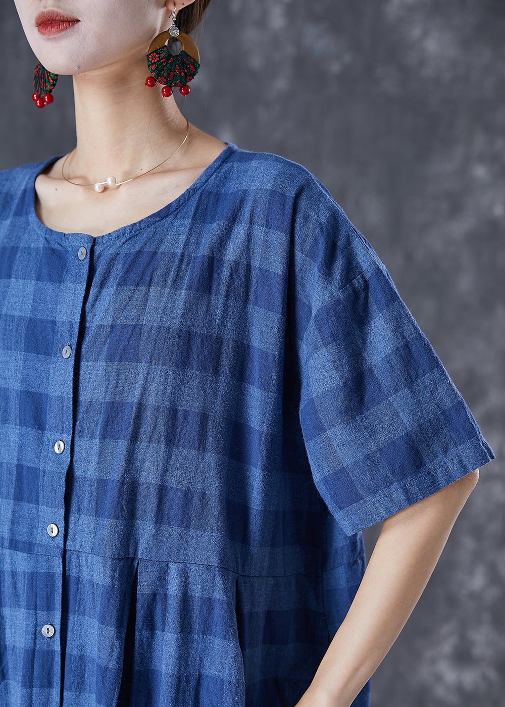 French Blue Plaid Button Down Linen Long Dresses Summer