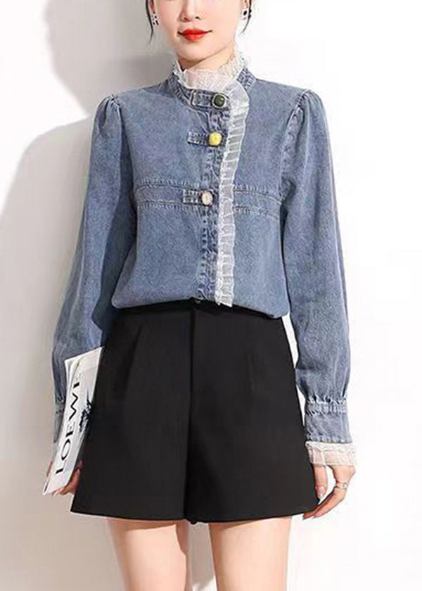 French Blue Stand Collar Asymmetrical Patchwork Lace Cotton Denim Coats Long Sleeve