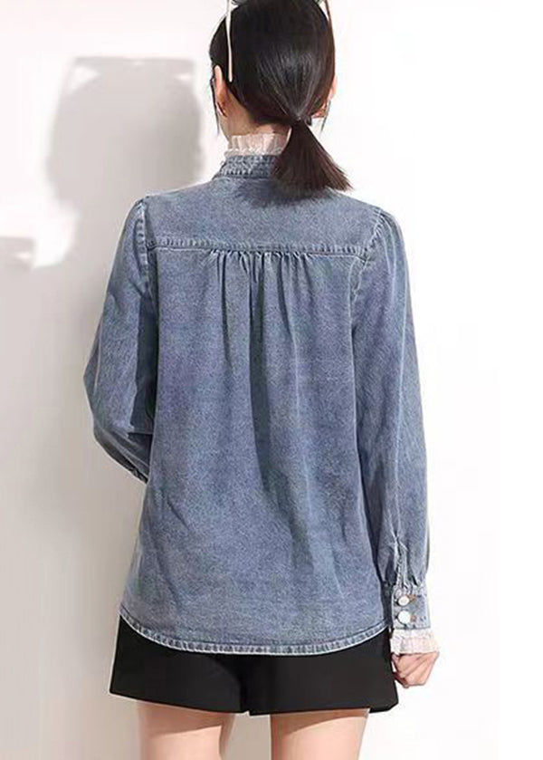 French Blue Stand Collar Asymmetrical Patchwork Lace Cotton Denim Coats Long Sleeve