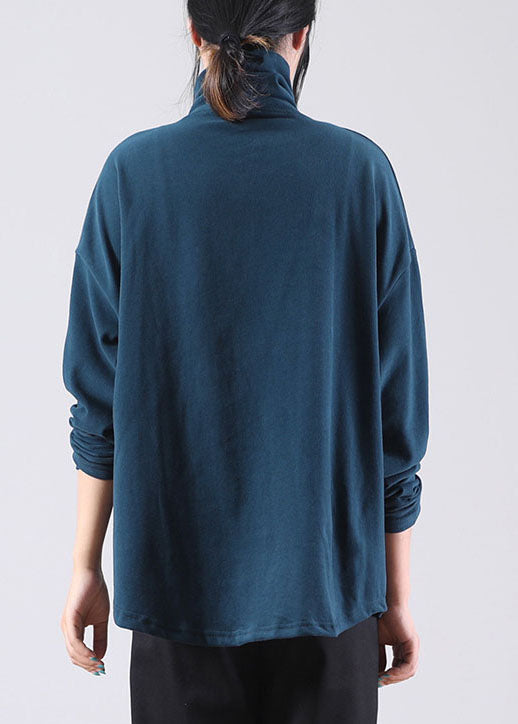 French Blue Turtle Neck Cotton Pullover Street wear Spring