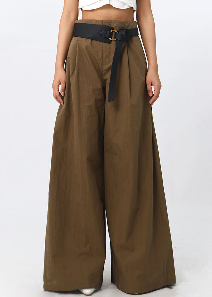 French Brown High Waist Patchwork Cotton Wide Leg Pants Spring