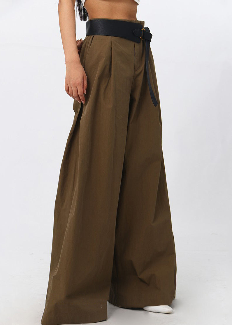 French Brown High Waist Patchwork Cotton Wide Leg Pants Spring