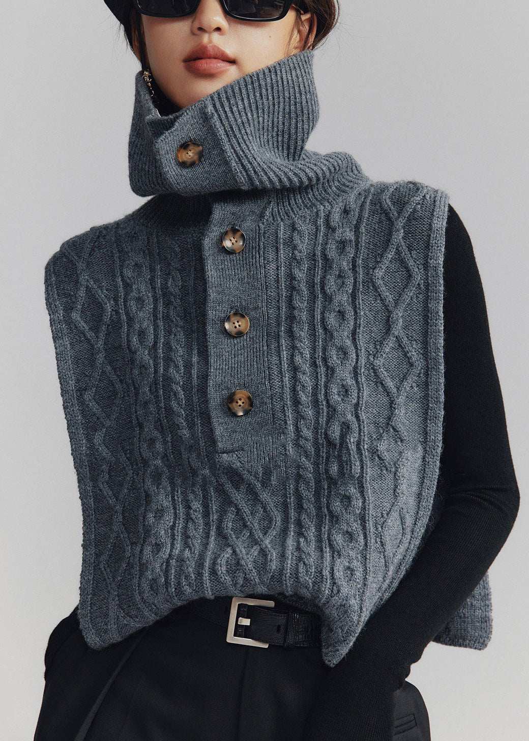 French Dark Gray Turtleneck Button Cable Knit Waistcoat Sleeveless