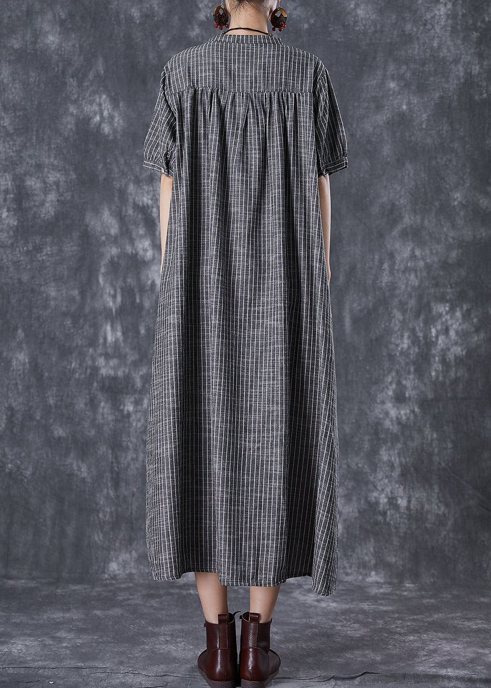 French Dark Grey Oversized Striped Linen A Line Dresses Summer