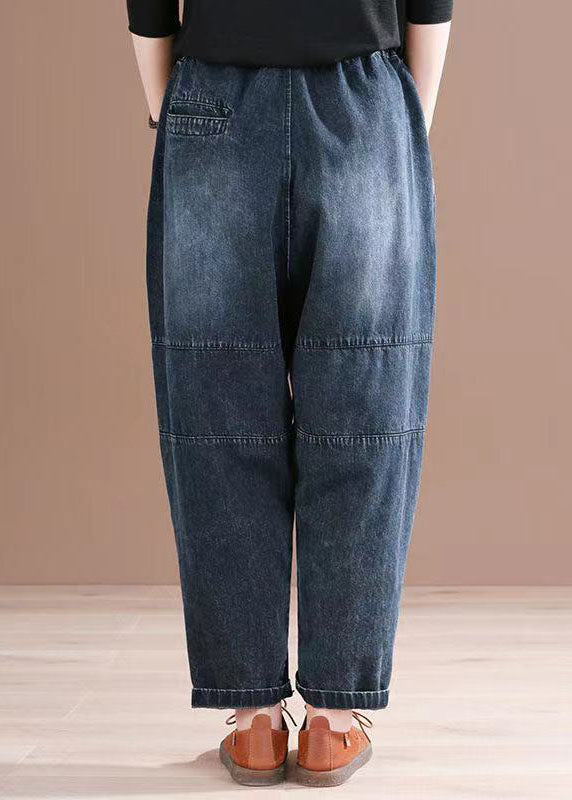 French Denim Blue High Waist Pockets Patchwork Cotton Harem Pants Summer