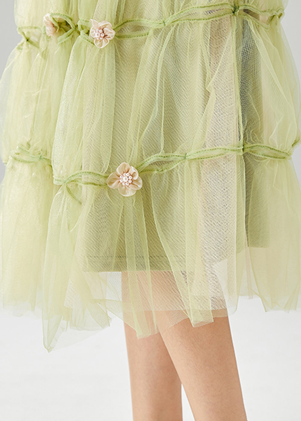 French Grass Green Floral Tulle Skirt Summer