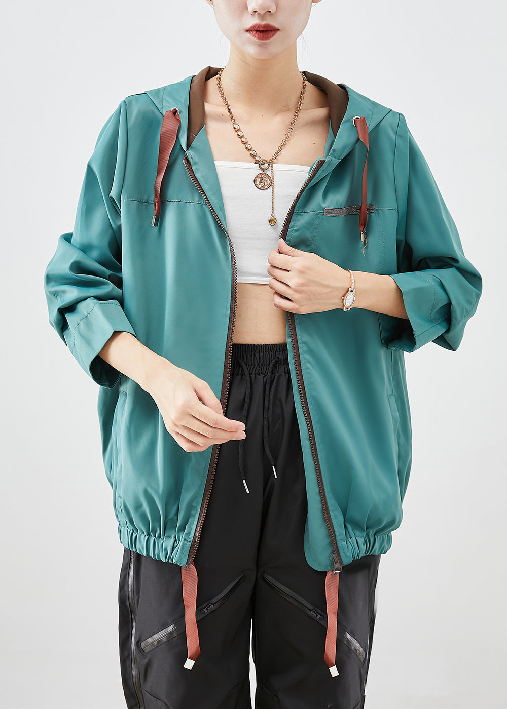 French Green Hooded Drawstring Cotton Jackets Fall